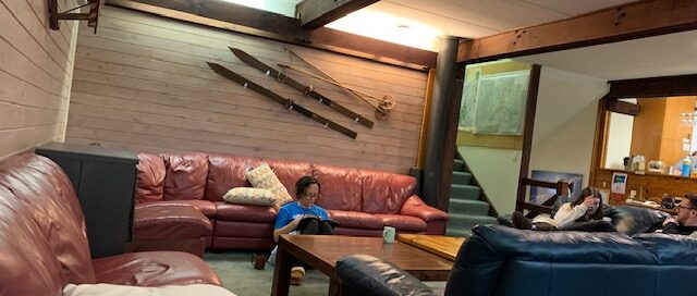 the lounge with skiis and...